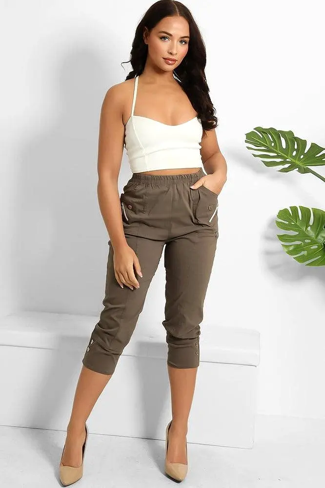 Buttoned Cuffs Elastic Waist Cropped Cargo Trousers