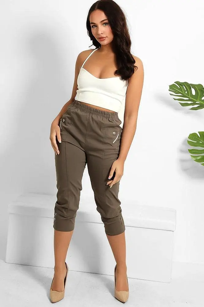 Buttoned Cuffs Elastic Waist Cropped Cargo Trousers