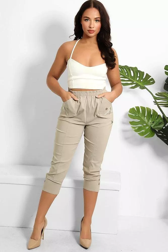 Buttoned Cuffs Elastic Waist Cropped Cargo Trousers