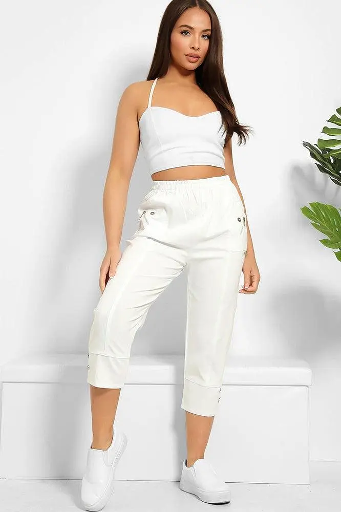 Buttoned Cuffs Elastic Waist Cropped Cargo Trousers