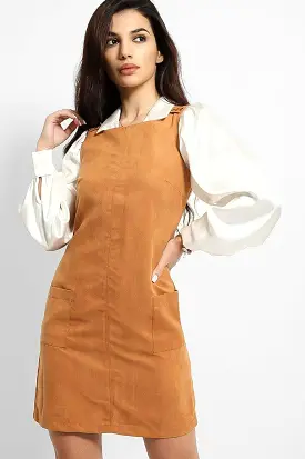 Camel Vegan Suede Button Details Sleeveless Pinafore Dress