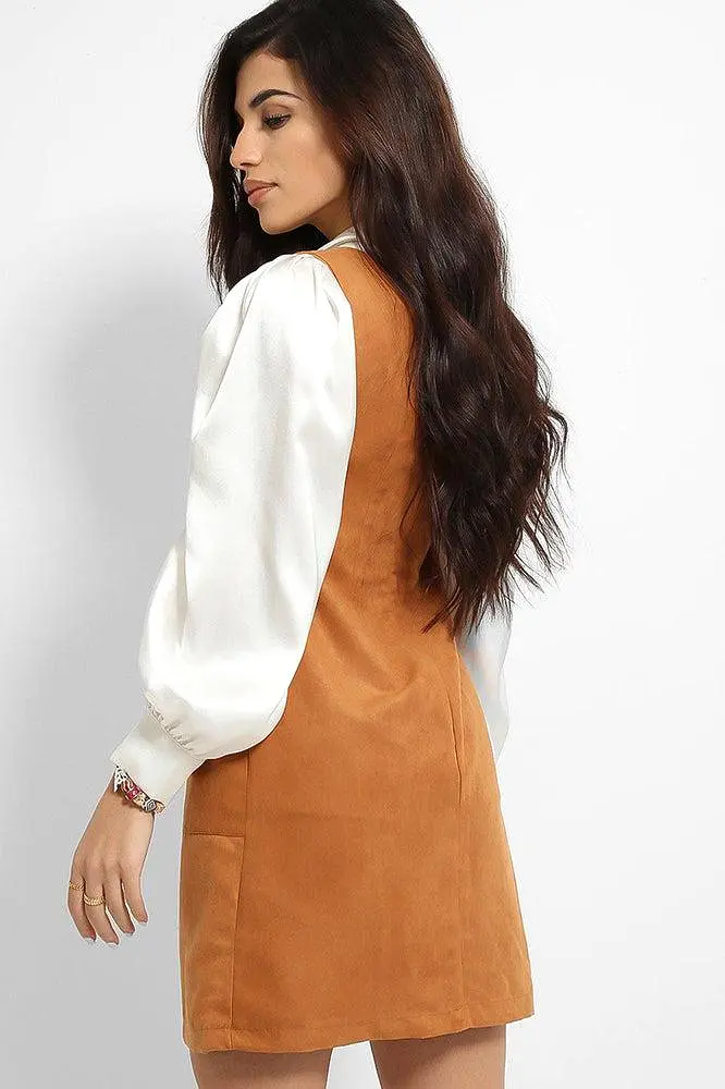 Camel Vegan Suede Button Details Sleeveless Pinafore Dress