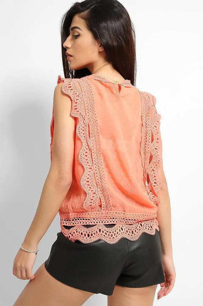 Coral Dobby Mesh Crochet Lace Trims Blouse