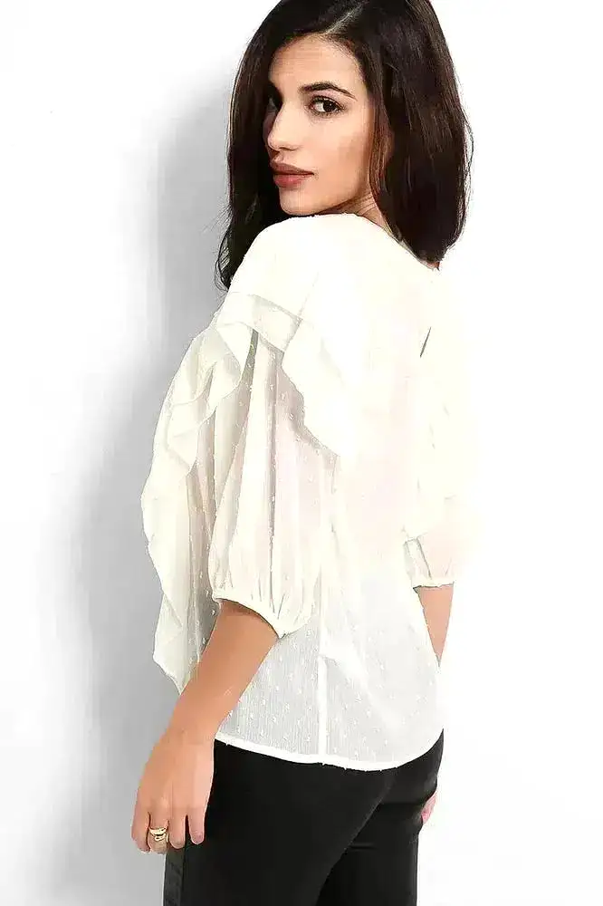 Cream Dobby Mesh Frill Details Blouse