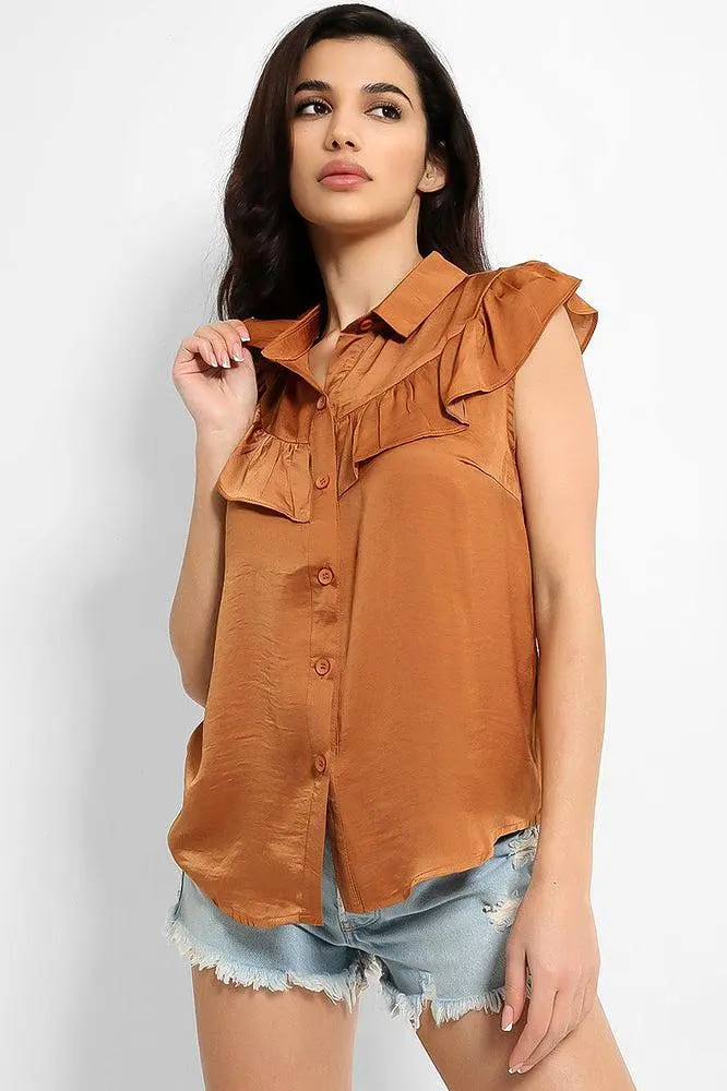 Crushed Satin Frill Details Sleeveless Shirt