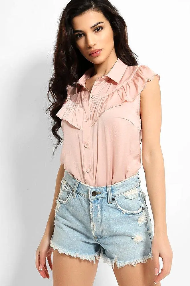 Crushed Satin Frill Details Sleeveless Shirt