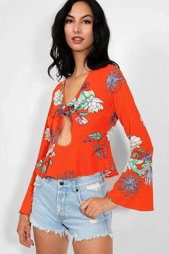 Deep Coral Floral Print Peek-a-Boo Flute Sleeves Blouse