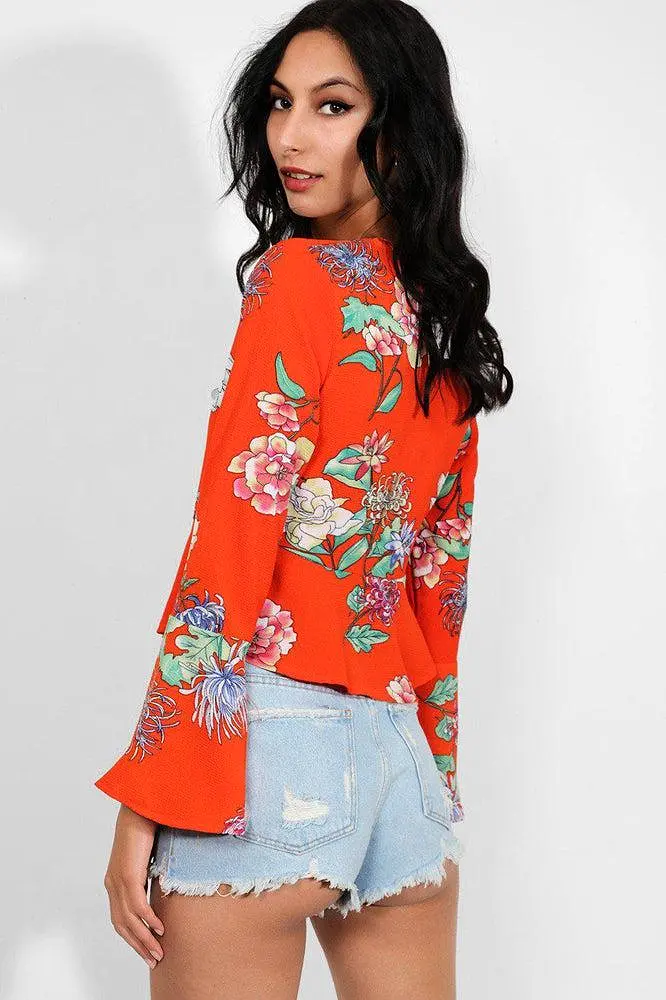 Deep Coral Floral Print Peek-a-Boo Flute Sleeves Blouse