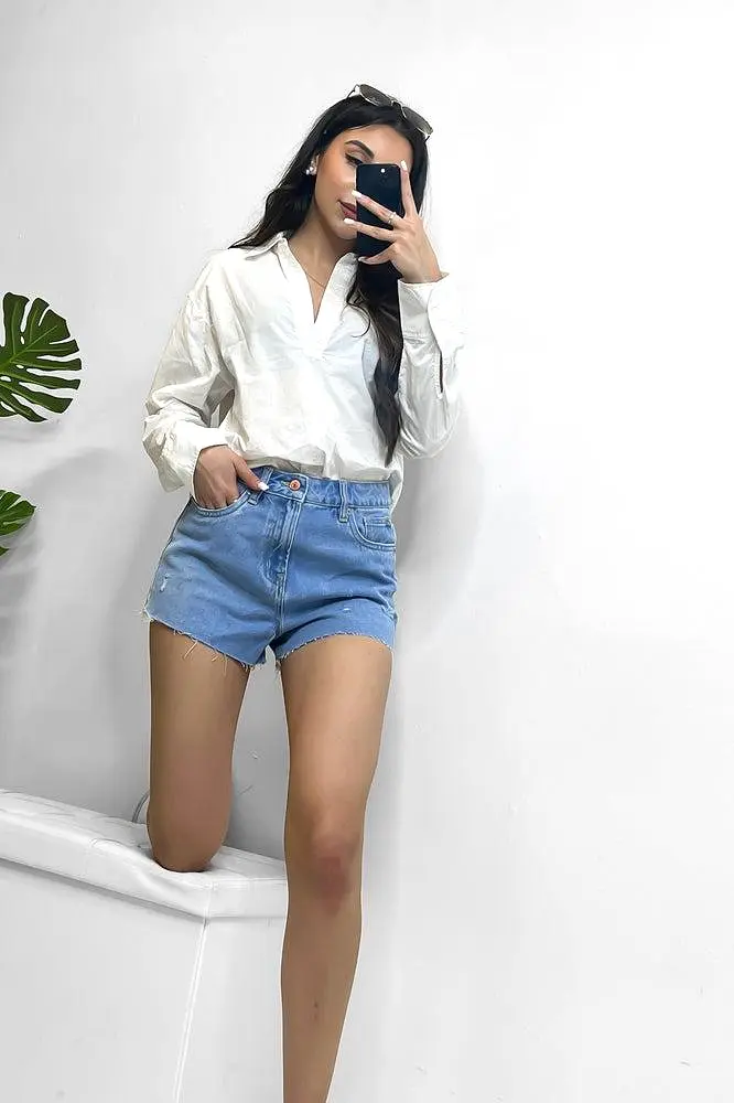 Distressed Light Blue Denim Shorts