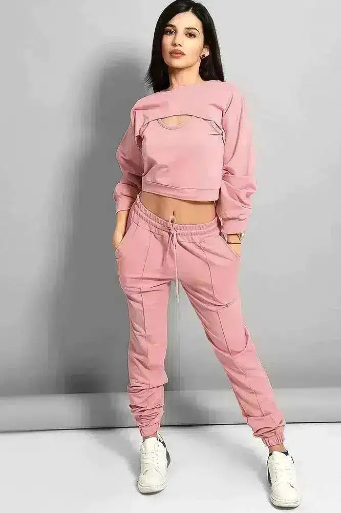 Dusty Pink Cropped Top 3 Piece Tracksuit