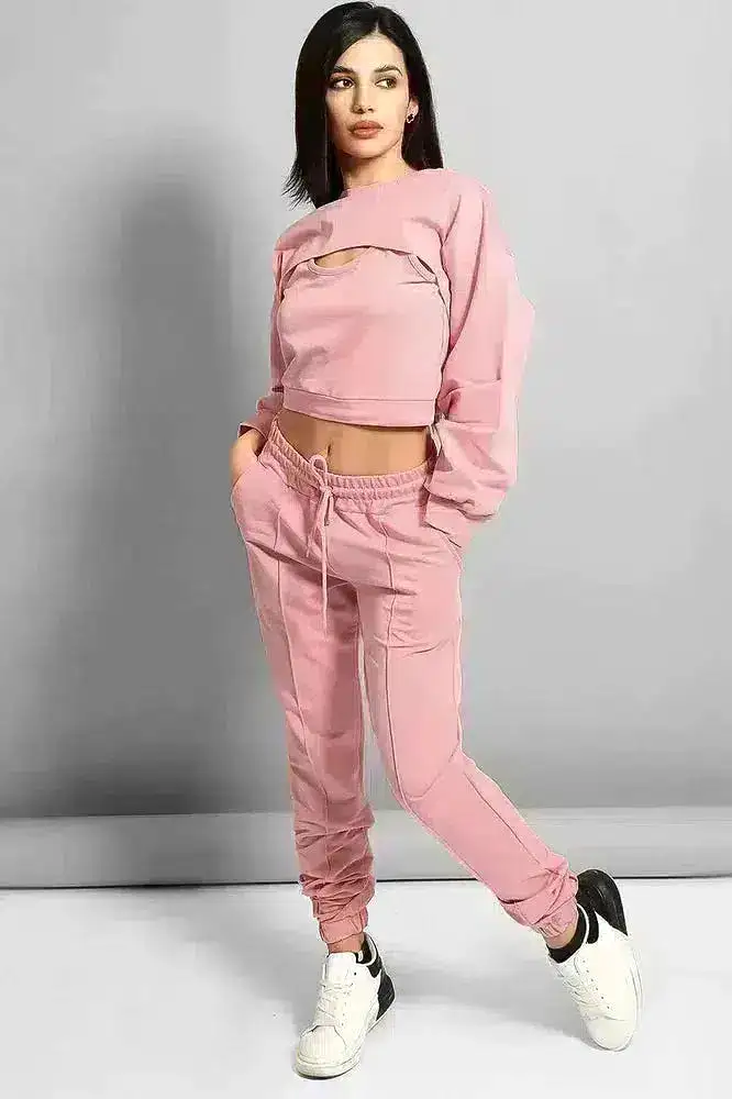 Dusty Pink Cropped Top 3 Piece Tracksuit