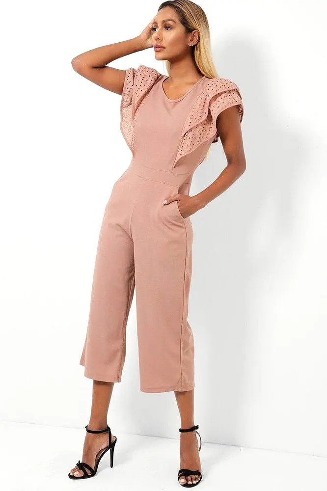 Dusty Pink Double Wing Sleeves Cropped Wide Leg Jumpsuit