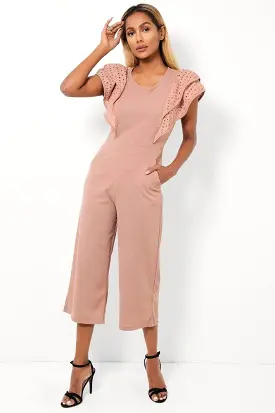 Dusty Pink Double Wing Sleeves Cropped Wide Leg Jumpsuit