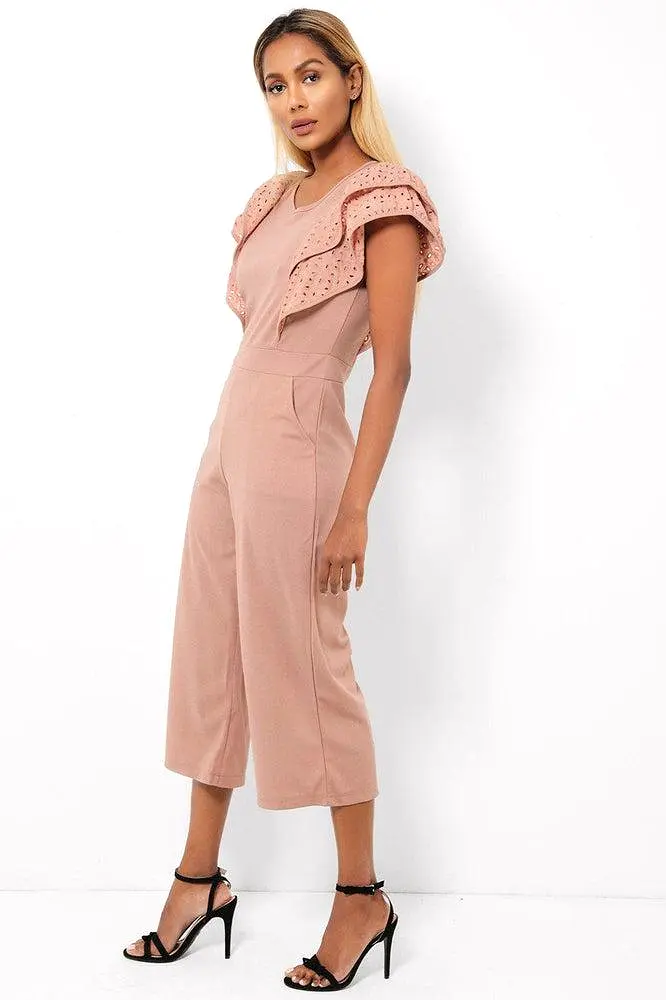 Dusty Pink Double Wing Sleeves Cropped Wide Leg Jumpsuit