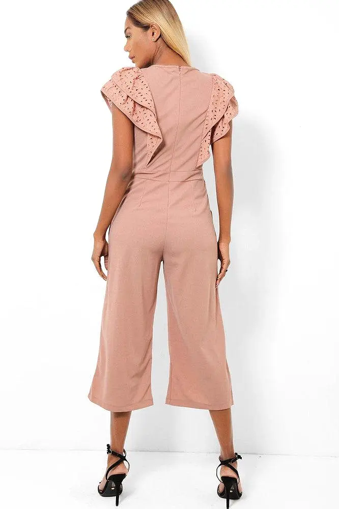 Dusty Pink Double Wing Sleeves Cropped Wide Leg Jumpsuit