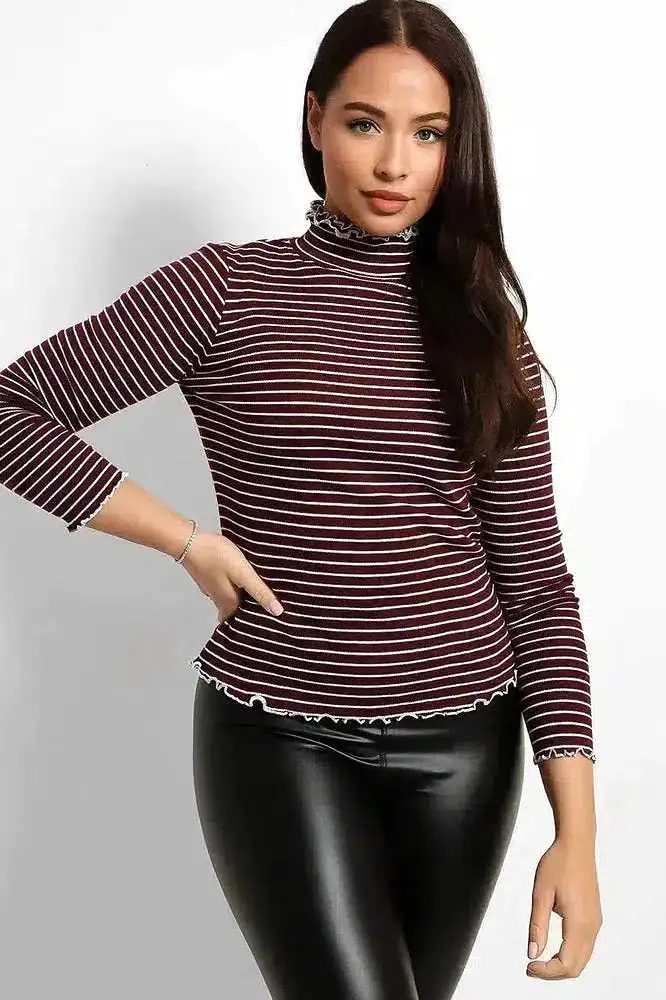 Frilled Edges Stripy Pollo Neck Top