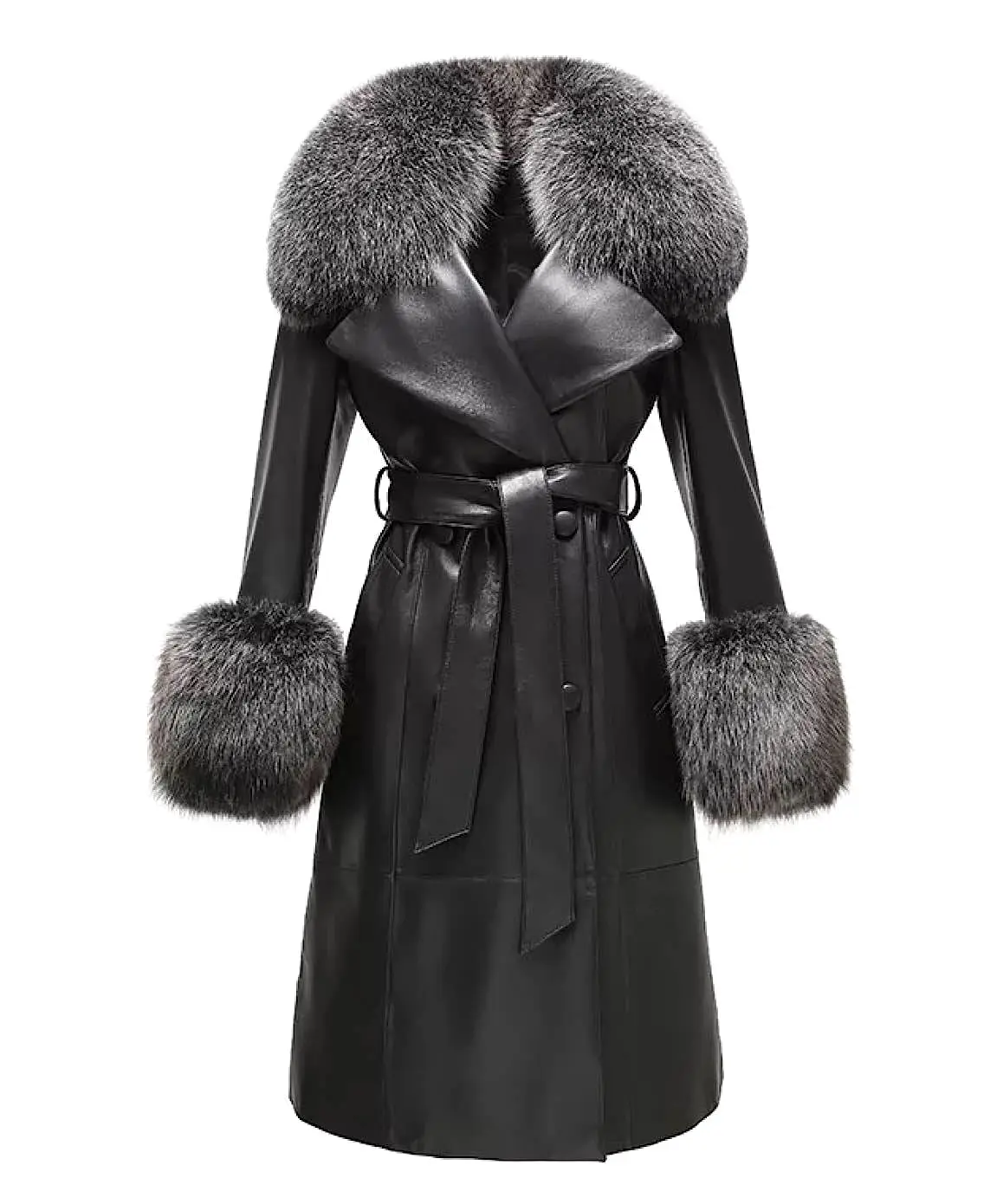 Genuine Sheepskin Leather Fox Fur Trimmed Coat In Black