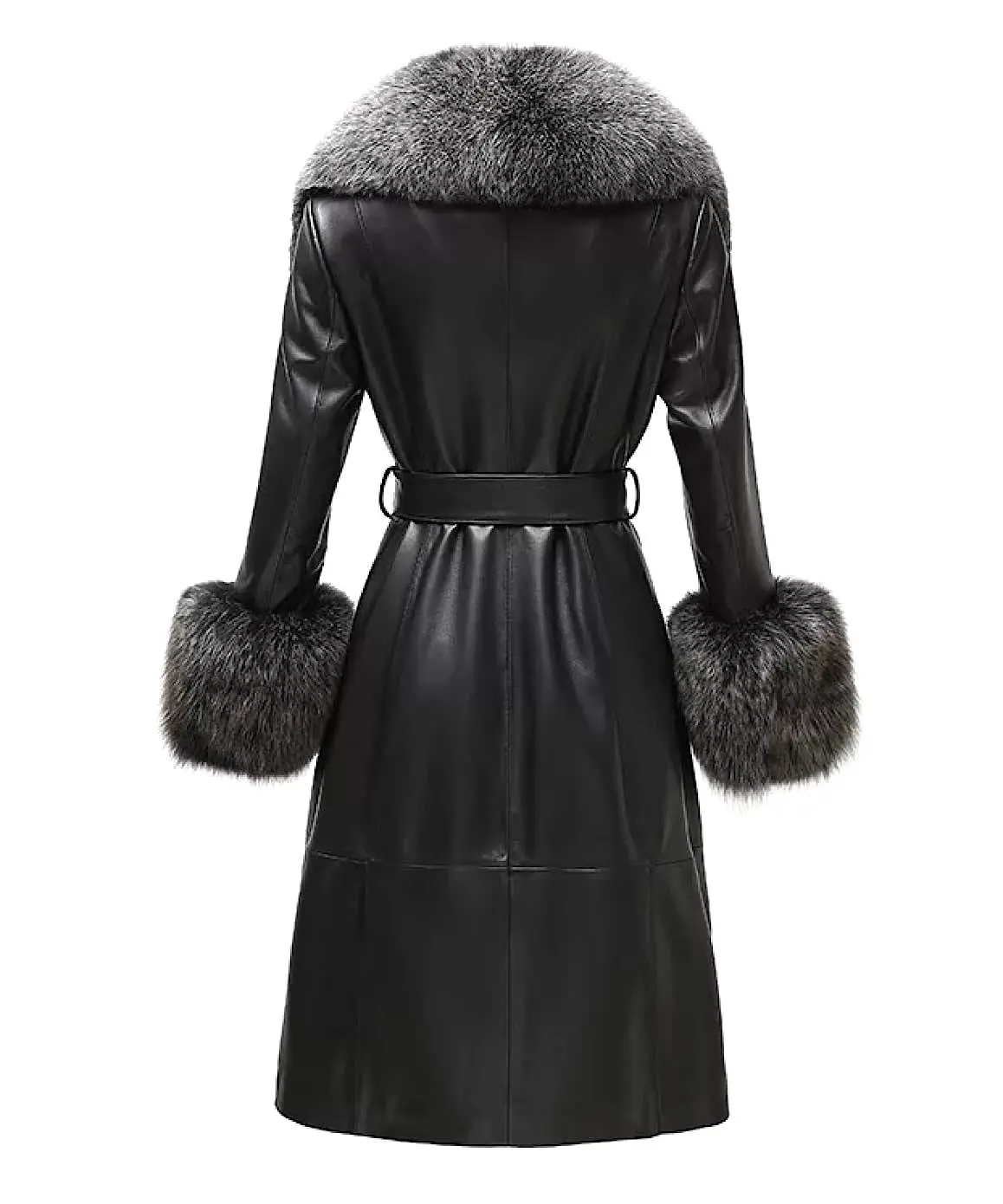 Genuine Sheepskin Leather Fox Fur Trimmed Coat In Black