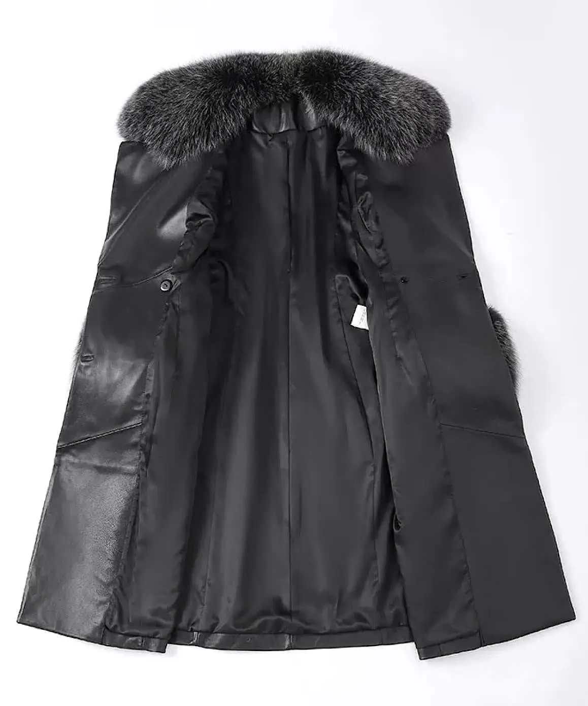 Genuine Sheepskin Leather Fox Fur Trimmed Coat In Black