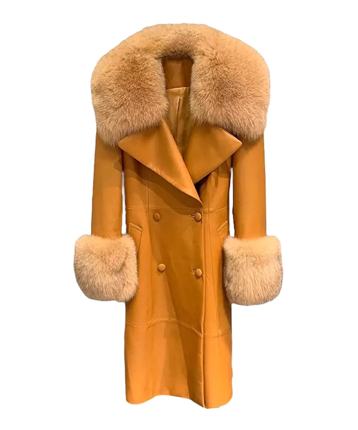 Genuine Sheepskin Leather Fox Fur Trimmed Coat In Coffee