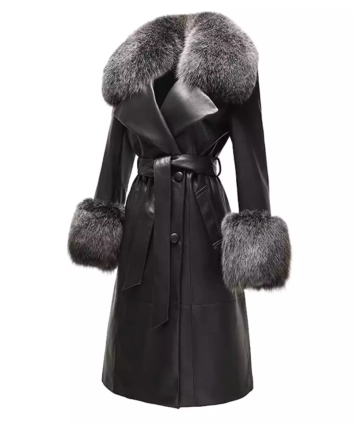 Genuine Sheepskin Leather Fox Fur Trimmed Coat In Hazel