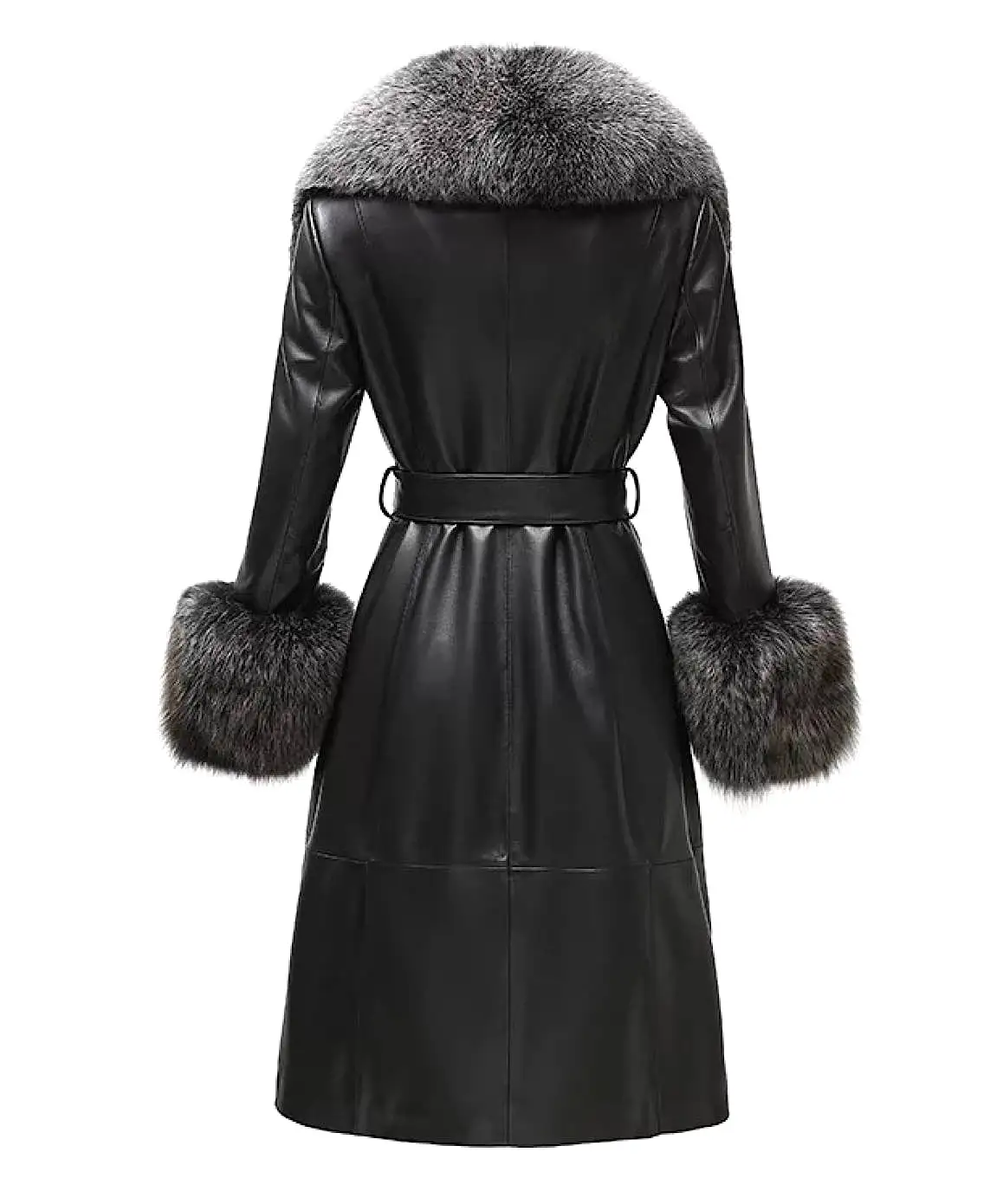 Genuine Sheepskin Leather Fox Fur Trimmed Coat In Hazel