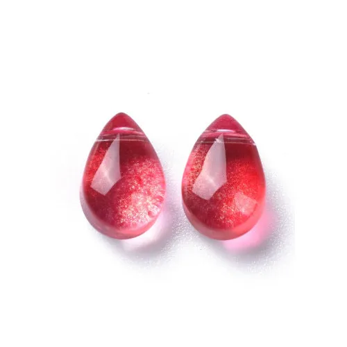 Glass Beads, Teardrop, Transparent, Top Drilled, Glitter Gold Powder, Red, 9mm