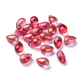 Glass Beads, Teardrop, Transparent, Top Drilled, Glitter Gold Powder, Red, 9mm