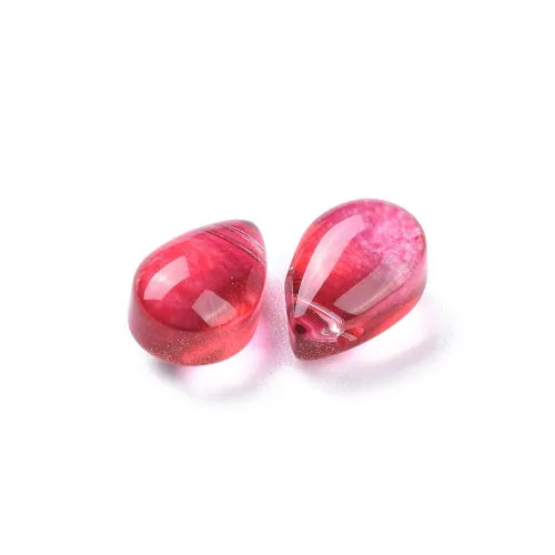 Glass Beads, Teardrop, Transparent, Top Drilled, Glitter Gold Powder, Red, 9mm