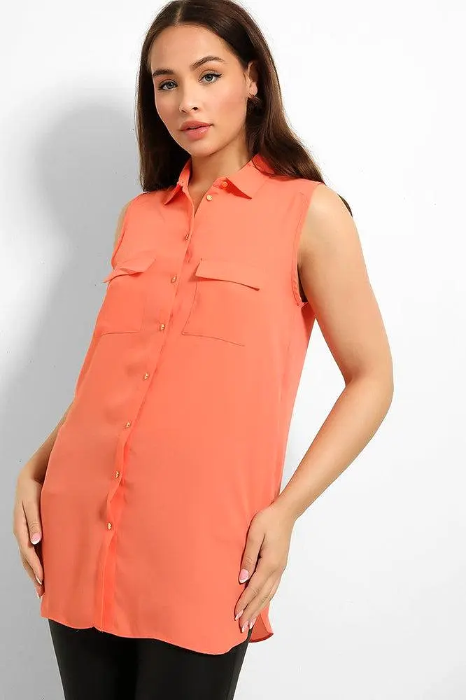 Gold Buttons Pockets Sleeveless Chiffon Shirt