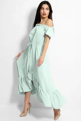 Green Frilled Trims Off Shoulder Dip Hem Dress