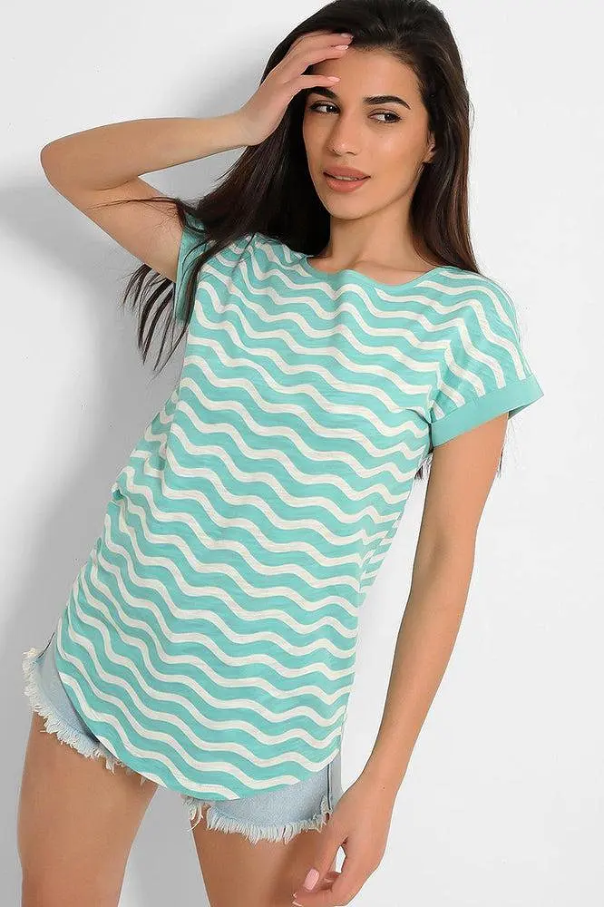 Green White Zig Zag Print Cotton Blend T-Shirt