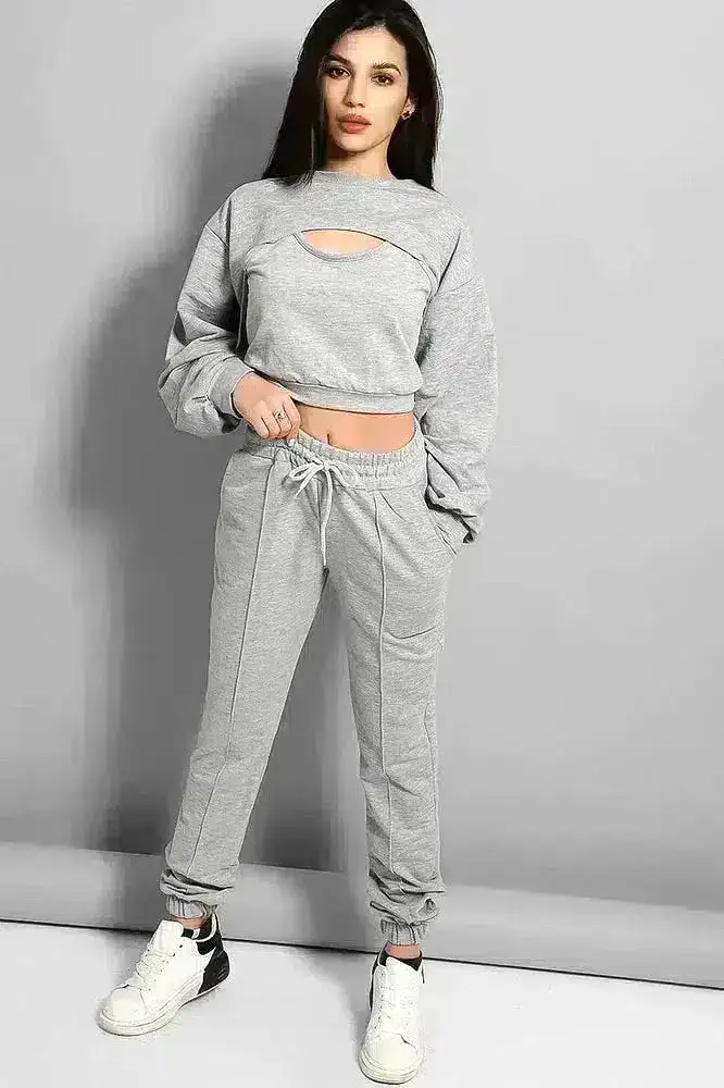 Grey Cropped Top 3 Piece Tracksuit