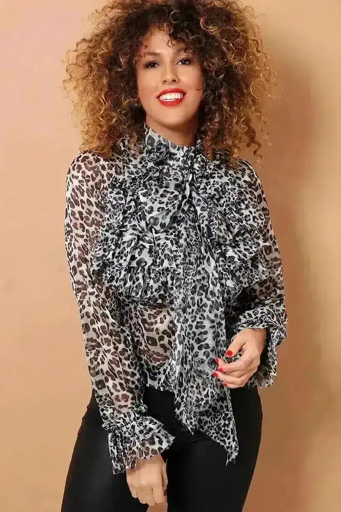 Grey Leopard Print Ruffled Pussy Bow Chiffon Shirt