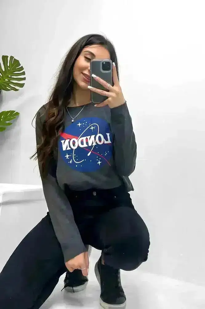 Grey London Galaxy Print Cropped Sweatshirt