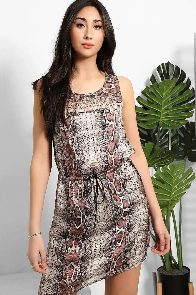 Grey Pink Phyton Print Drawstring Waist Dress