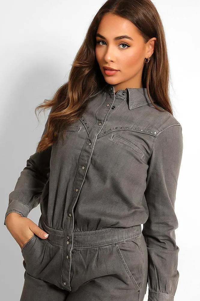 Grey Studded Fine Denim Dungaree Jumpsuit