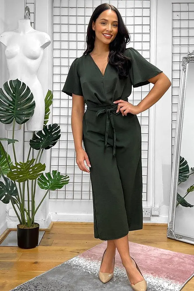 Khaki Fixed Wrap Cropped Leg Jumpsuit