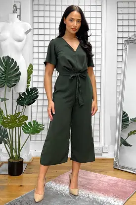 Khaki Fixed Wrap Cropped Leg Jumpsuit