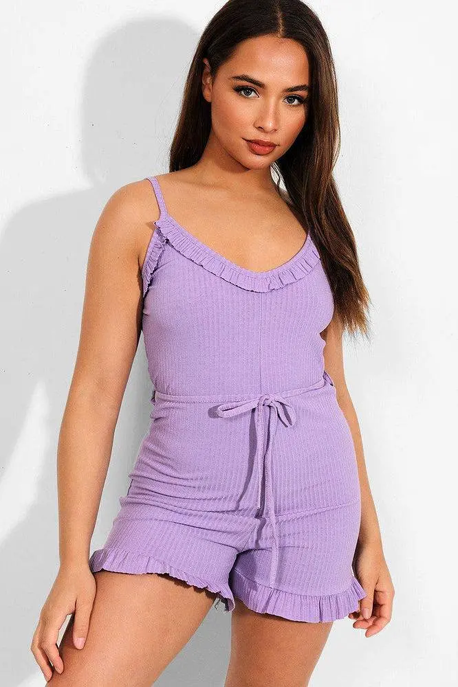 Lilac Frill Trims Ribbed Cami Playsuit