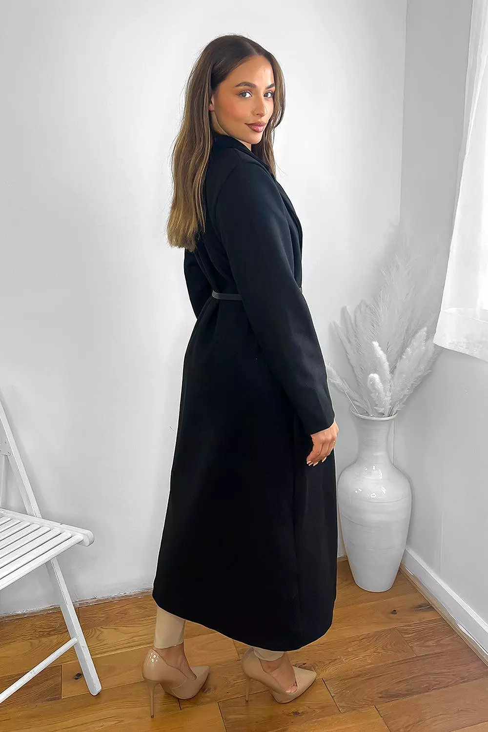 Loose Fit Circle Belt Soft Long Button Down A-Line Lapel Coat