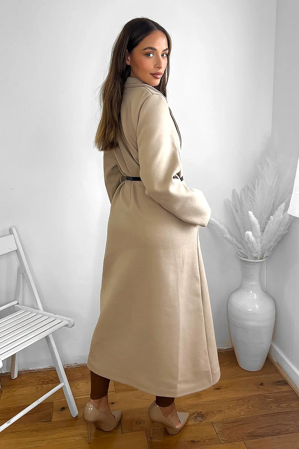 Loose Fit Circle Belt Soft Long Button Down A-Line Lapel Coat