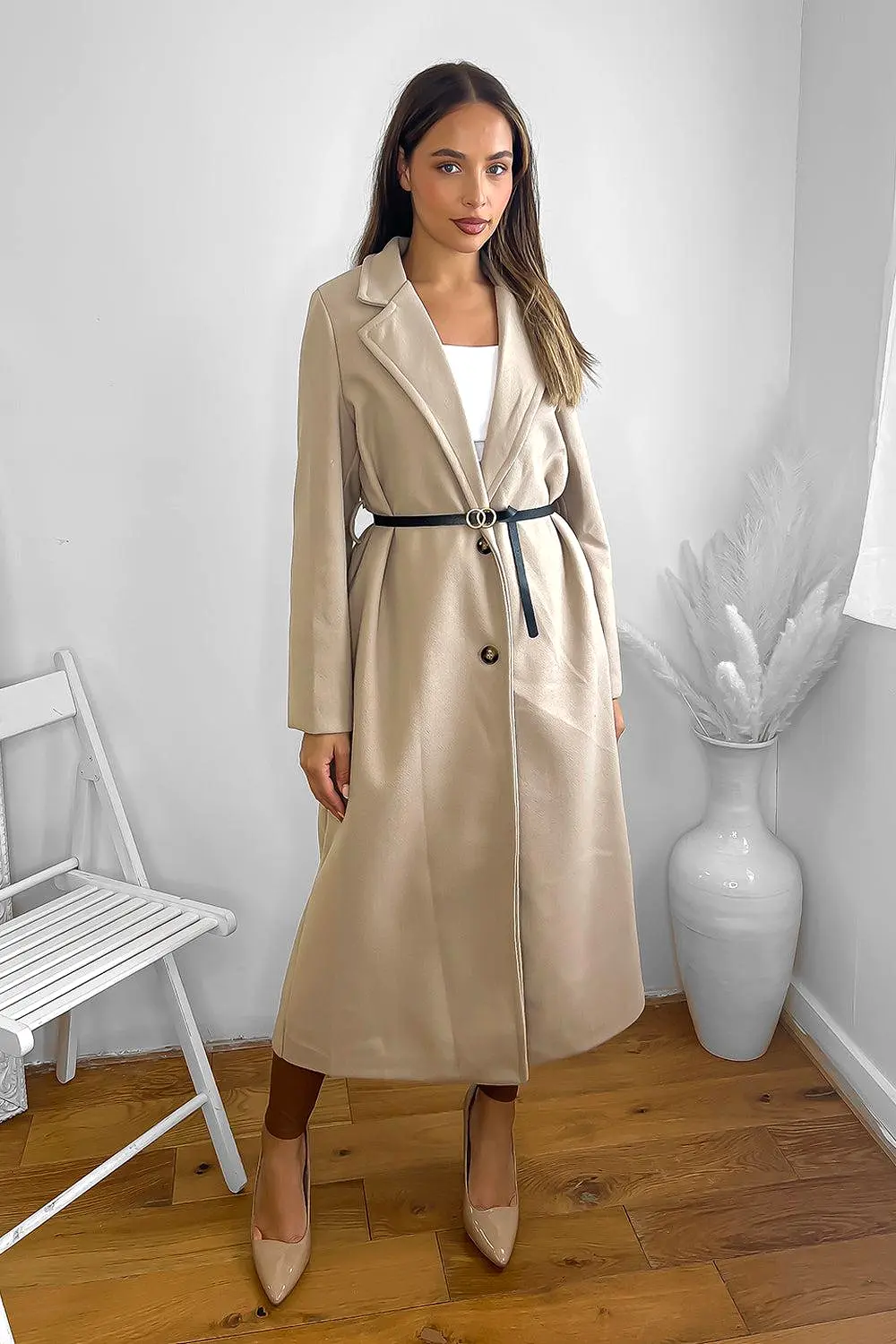 Loose Fit Circle Belt Soft Long Button Down A-Line Lapel Coat