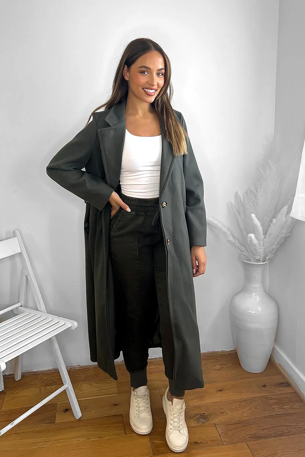 Loose Fit Circle Belt Soft Long Button Down A-Line Lapel Coat