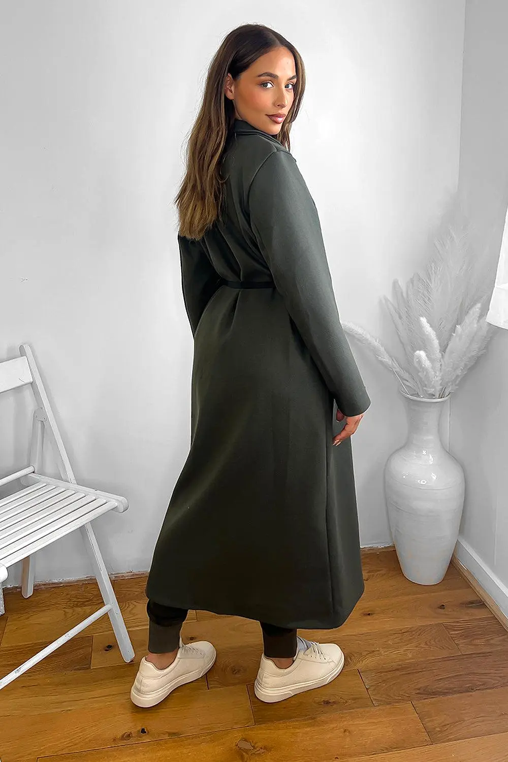 Loose Fit Circle Belt Soft Long Button Down A-Line Lapel Coat