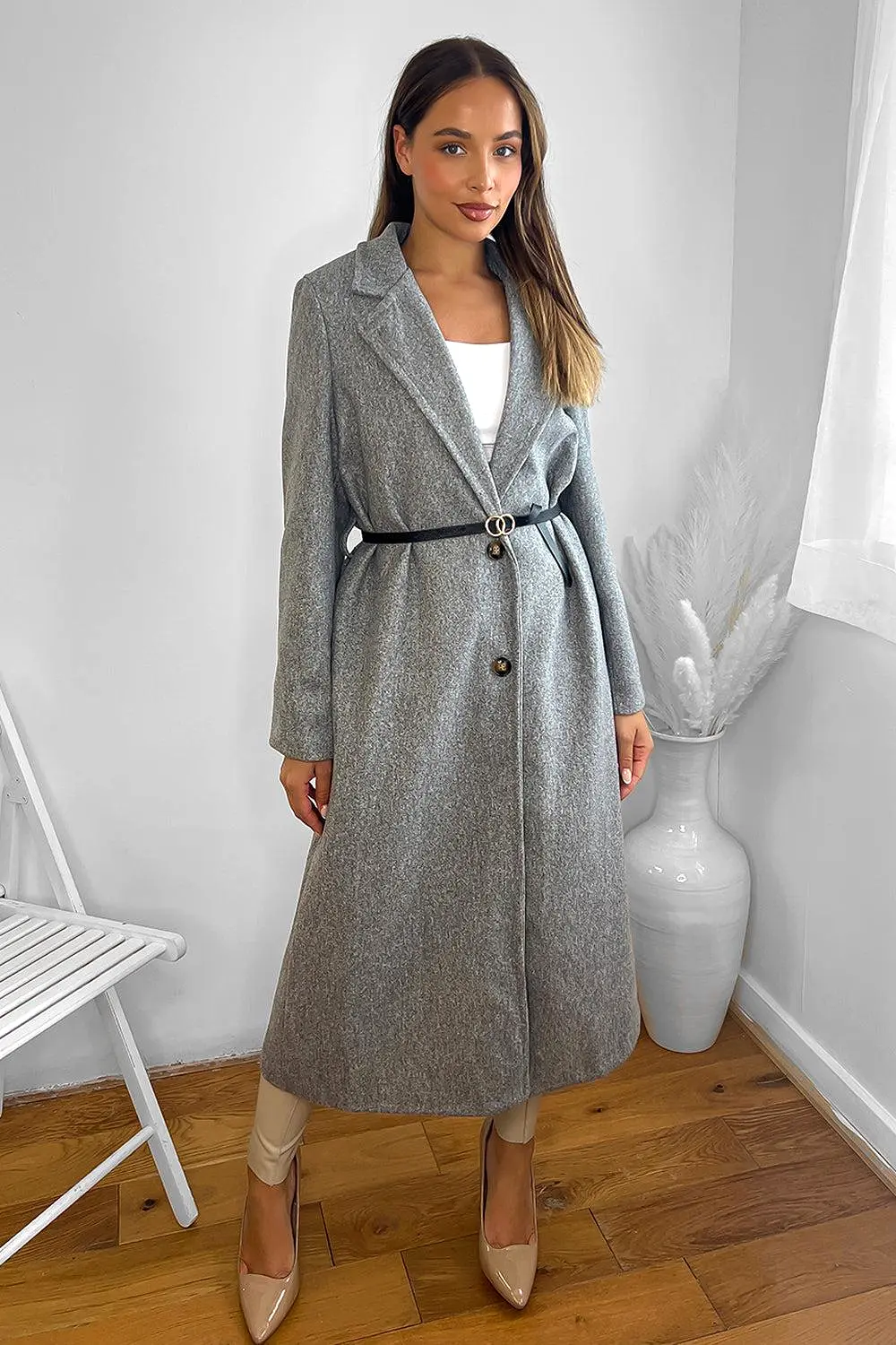 Loose Fit Circle Belt Soft Long Button Down A-Line Lapel Coat