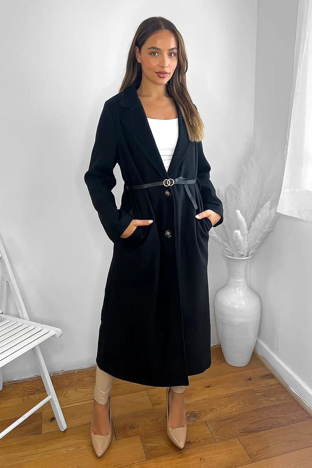 Loose Fit Circle Belt Soft Long Button Down A-Line Lapel Coat