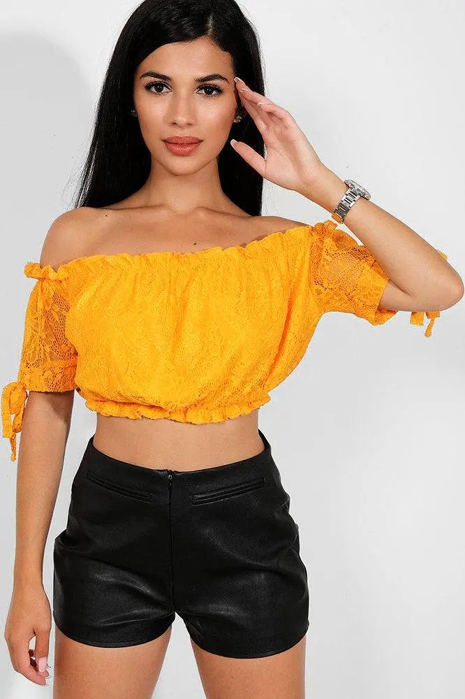 Mustard Delicate Lace Bow Sleeves Bardot Crop Top