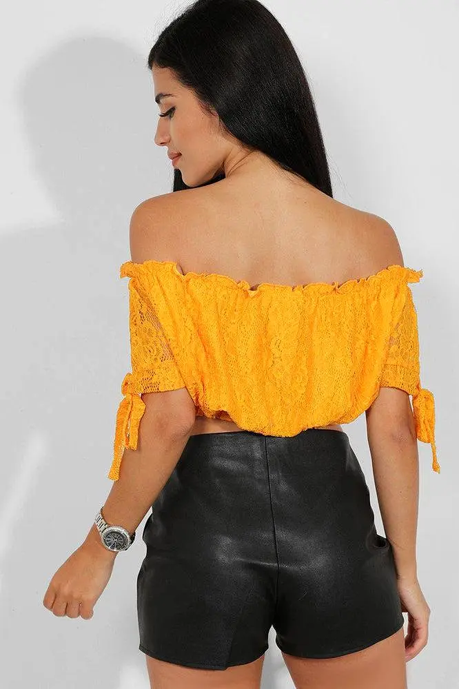 Mustard Delicate Lace Bow Sleeves Bardot Crop Top