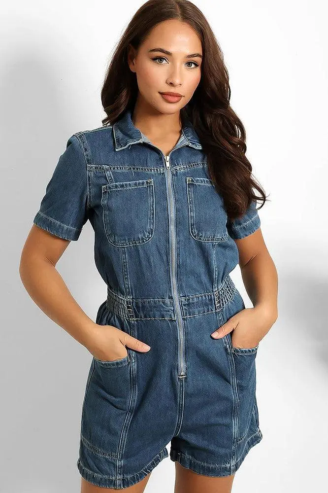 Navy Denim Elastic Waist Zip Up Playsuit